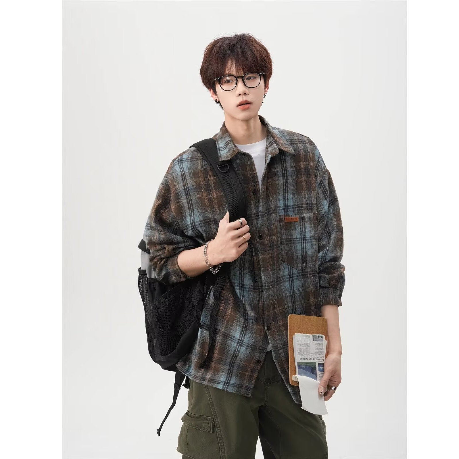 秋季简约长袖标准常规美式潮牌格子衬衫男新款青少年日系流行百搭