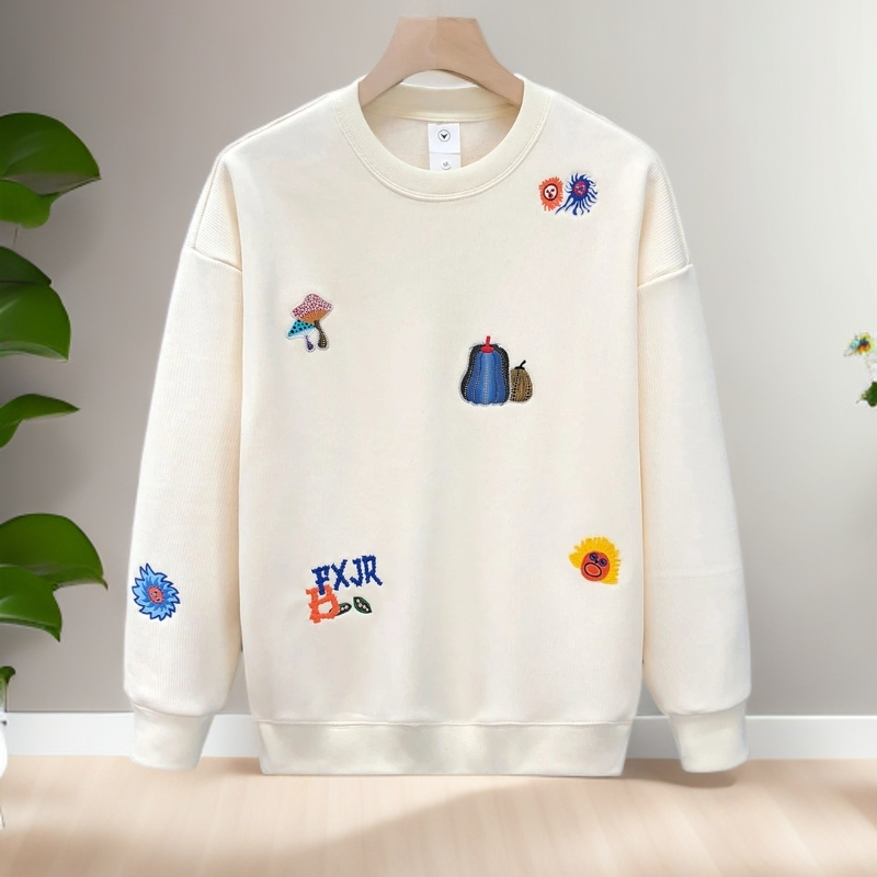 仓石一树简约杏色刺绣加绒卫衣男士秋冬季韩版青年长袖圆领打底衫