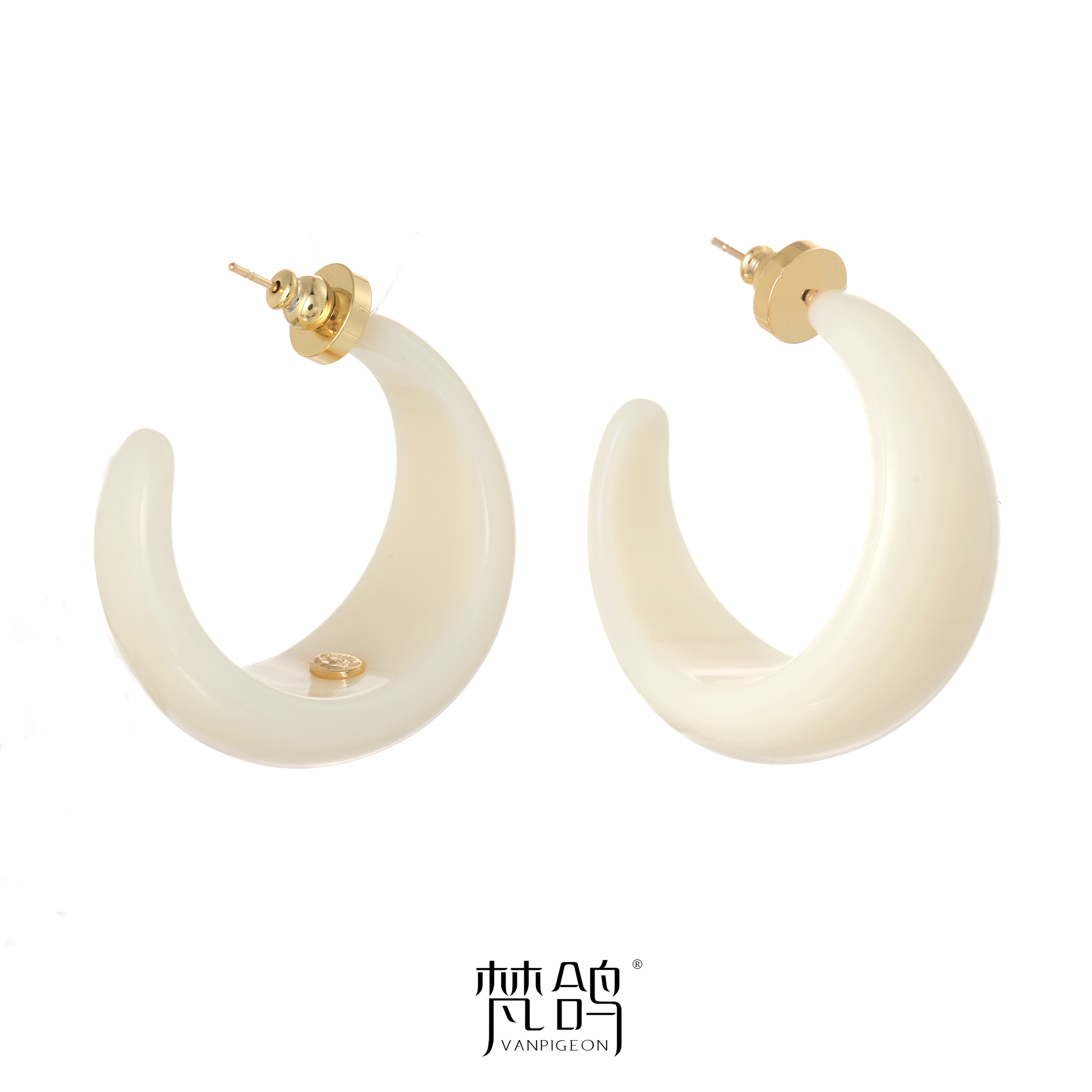 VANPIGEON/梵鸽 黄铜树脂耳饰 玫瑰的故事同款C形米白色耳圈耳环