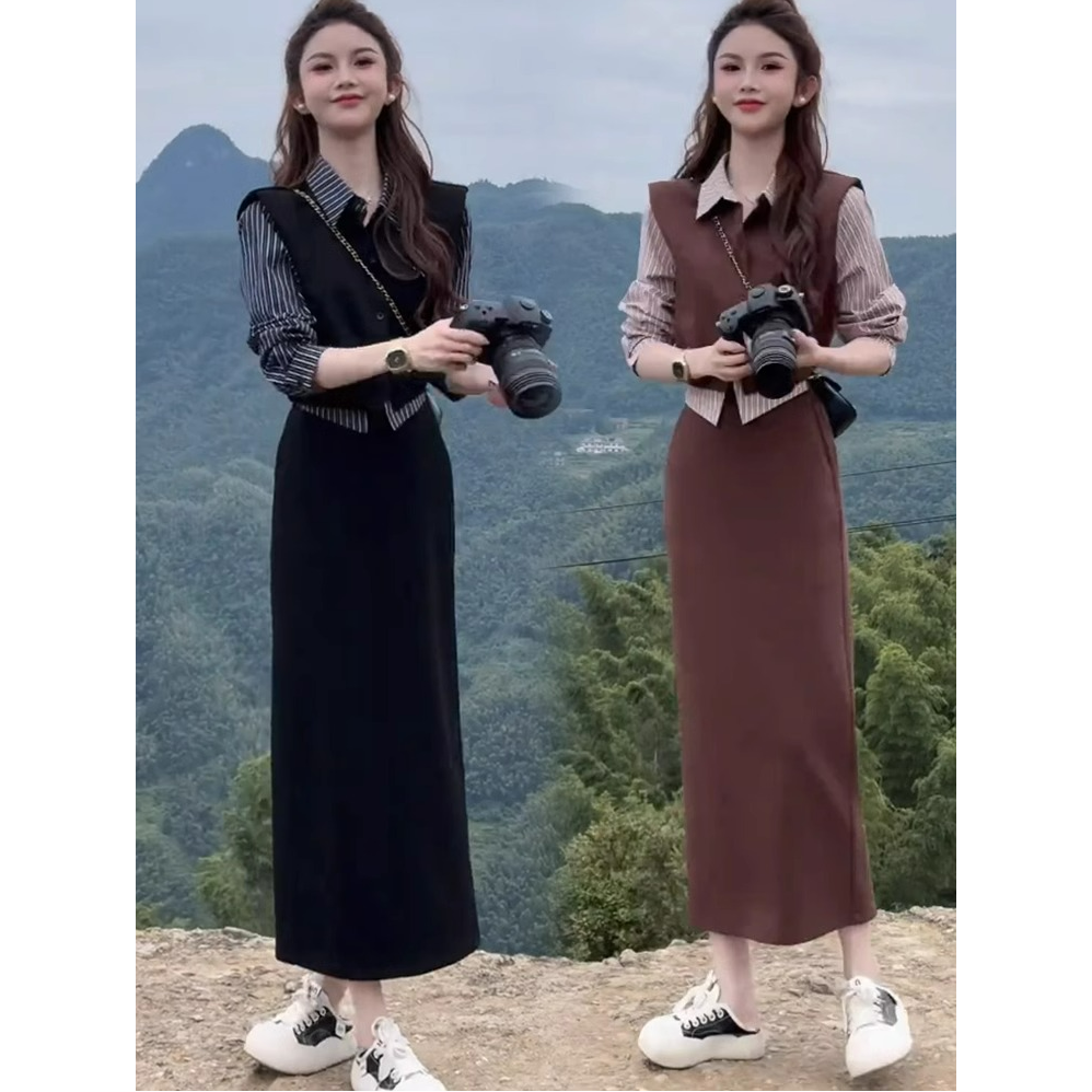 时尚套装裙女2025春季新款洋气质显瘦假两件条纹衬衫半身裙两件套