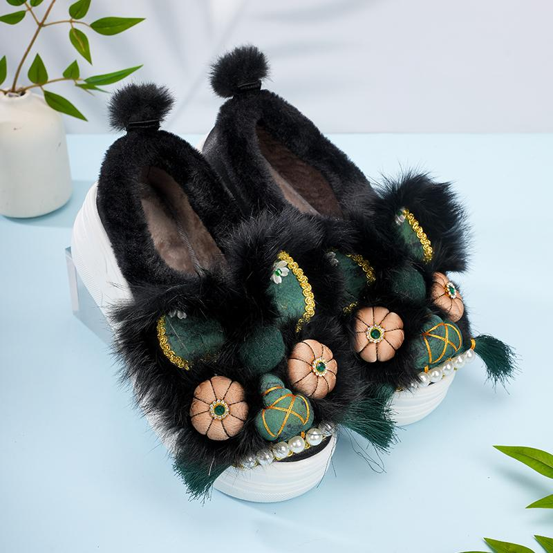 秋冬新款复古厚底增高手工虎头布鞋原创汉服绣花加绒保暖旗袍棉鞋