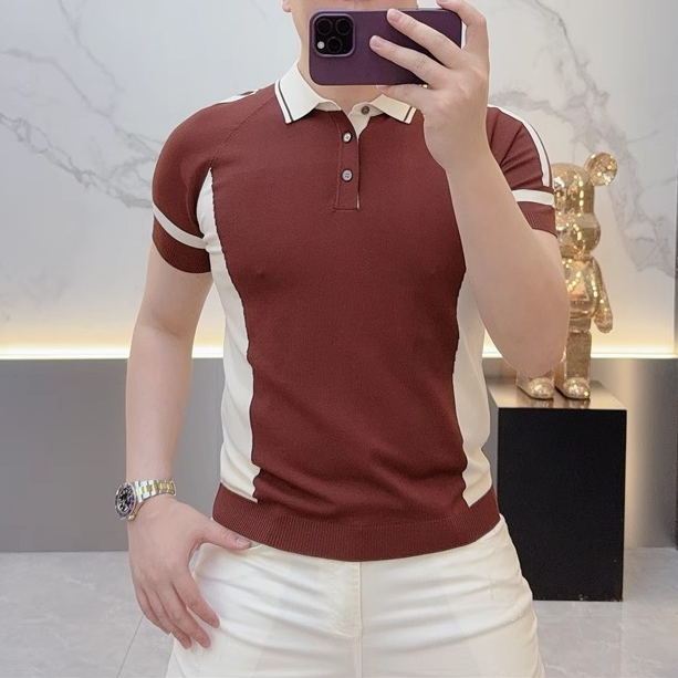 2025欧货轻奢男士针织冰丝短袖T恤男POLO剪刀领纯色百搭夏季上衣