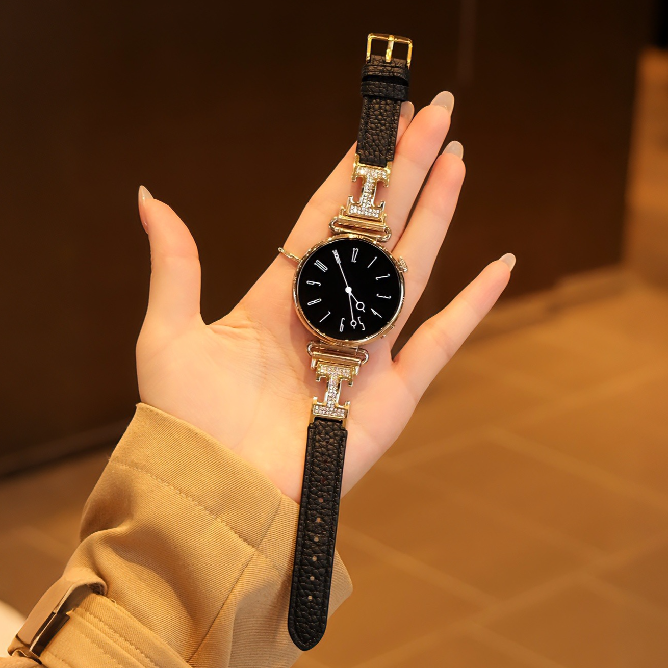 H扣满钻真皮表带适用华为gt6新款黑天鹅手表带时尚高级感女款gt5