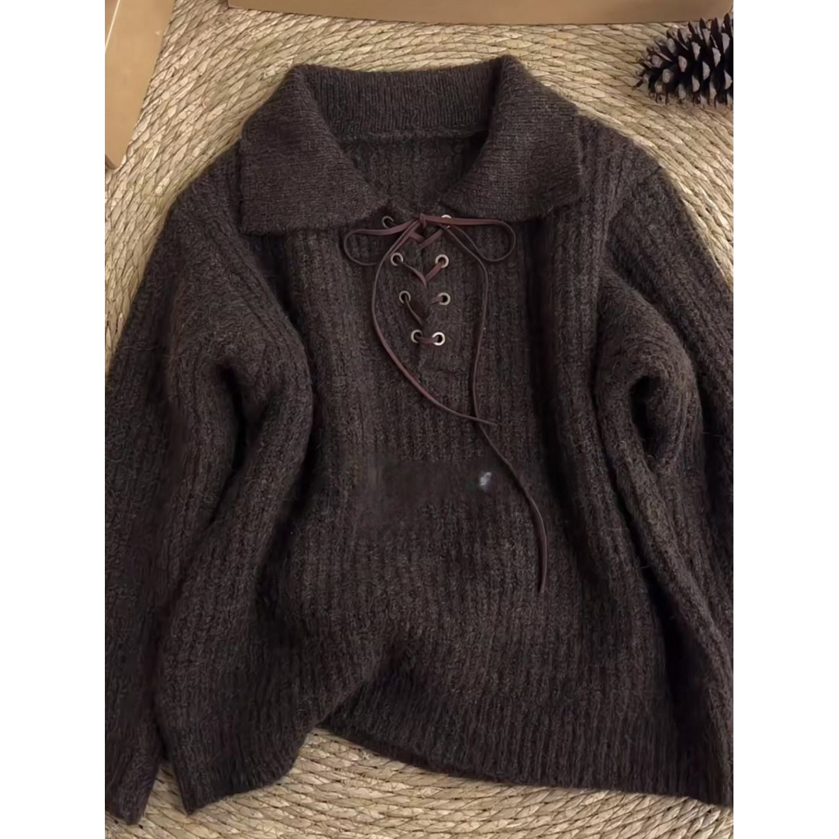 巨漂亮复古半开领绑带毛衣女秋冬韩系高级感宽松加厚针织衫厚上衣