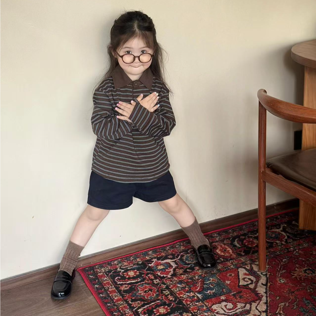 壹妈童装儿童时髦套装早秋新款洋气男女宝学院风条纹长袖上衣短裤
