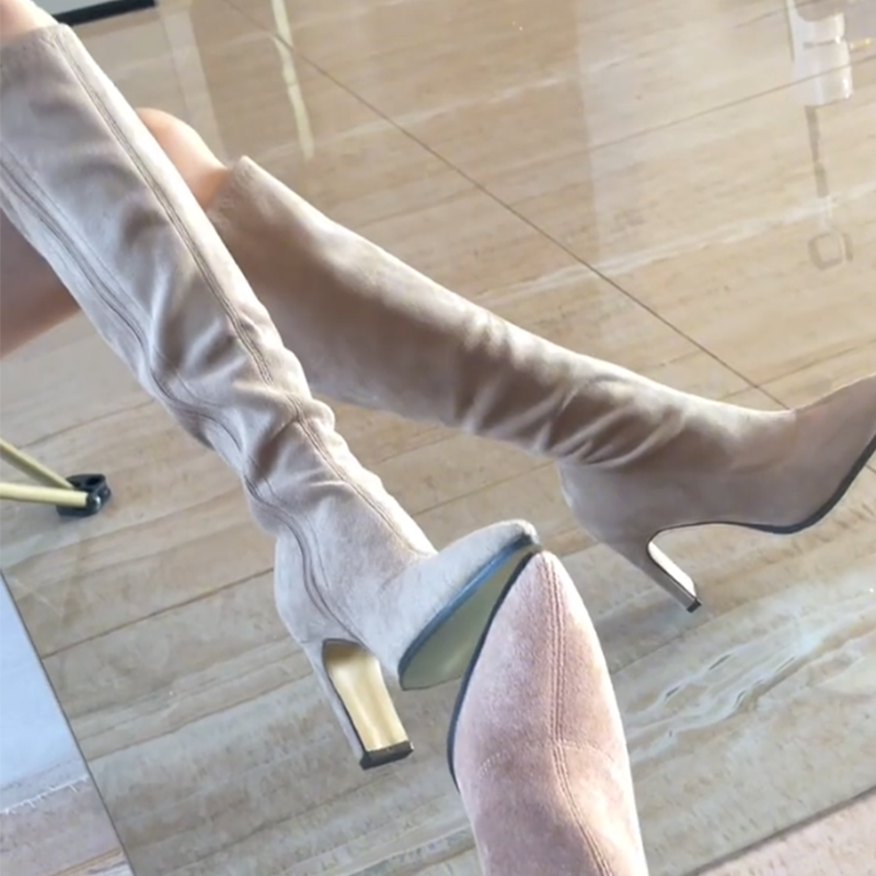 千金风杏色绒面长靴子女2025新款洋气尖头高跟瘦瘦靴不过膝长筒靴