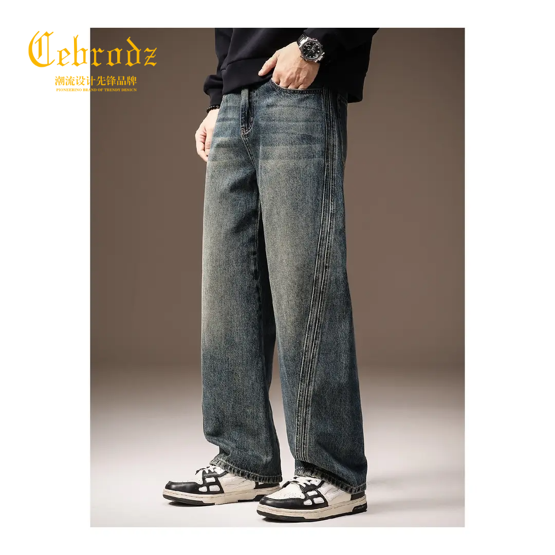 法国Cebrodz美式复古牛仔裤男士秋冬新款保暖宽松直筒哈伦休闲裤