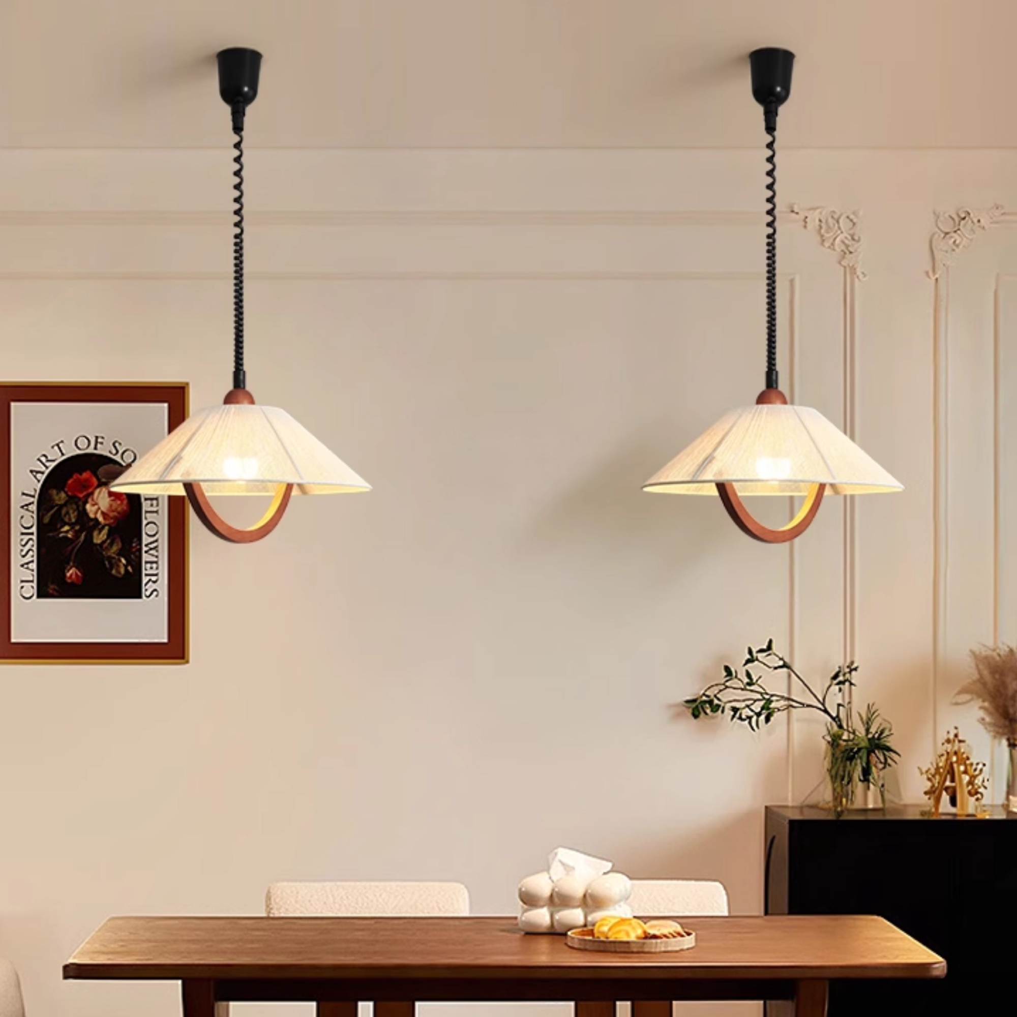 餐厅吊灯中古胡桃木色可伸缩饭厅灯侘寂风复古名宿茶室书房床头灯