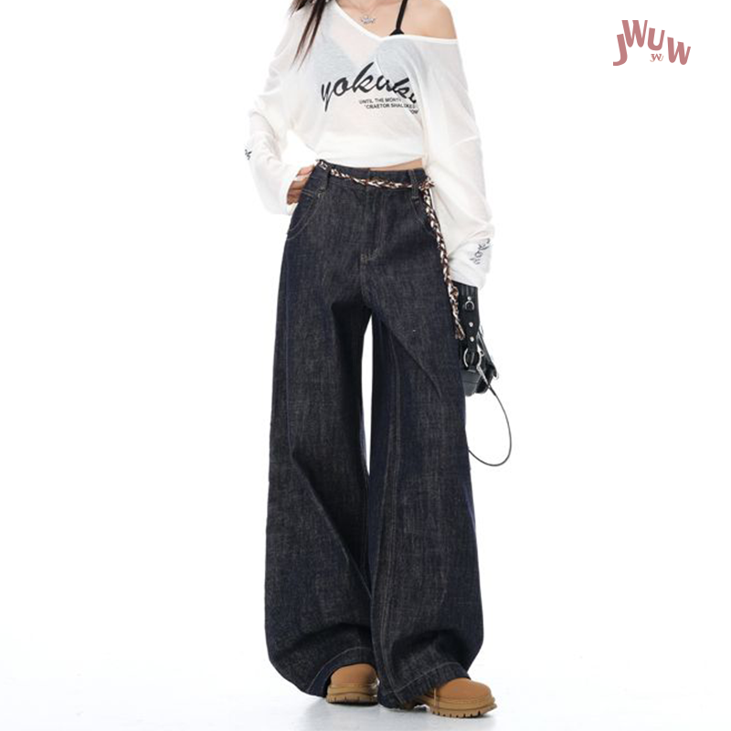 JWUW秋冬新款美式复古原色宽松牛仔裤女休闲显瘦阔腿拖地长裤子