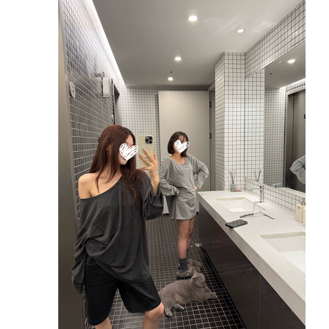 宽松慵懒松弛斜肩露肩条纹t恤女秋季套头圆领长袖上衣#Y3121