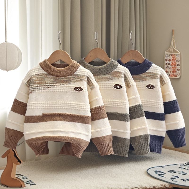 外贸儿童毛衣冬季新款加厚加绒长袖圆领套头针织衫中大童男童线衣