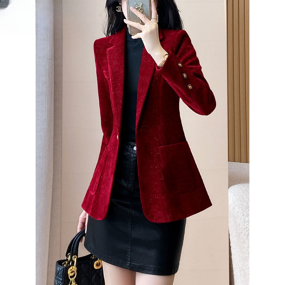 西装外套女2025新款红色加厚保暖小西服气质名媛高级感金丝绒