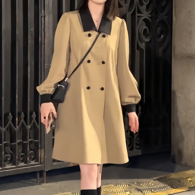 2026年法式卡其色长袖连衣裙复古春季大码胖MM遮肉肉气质外套裙子