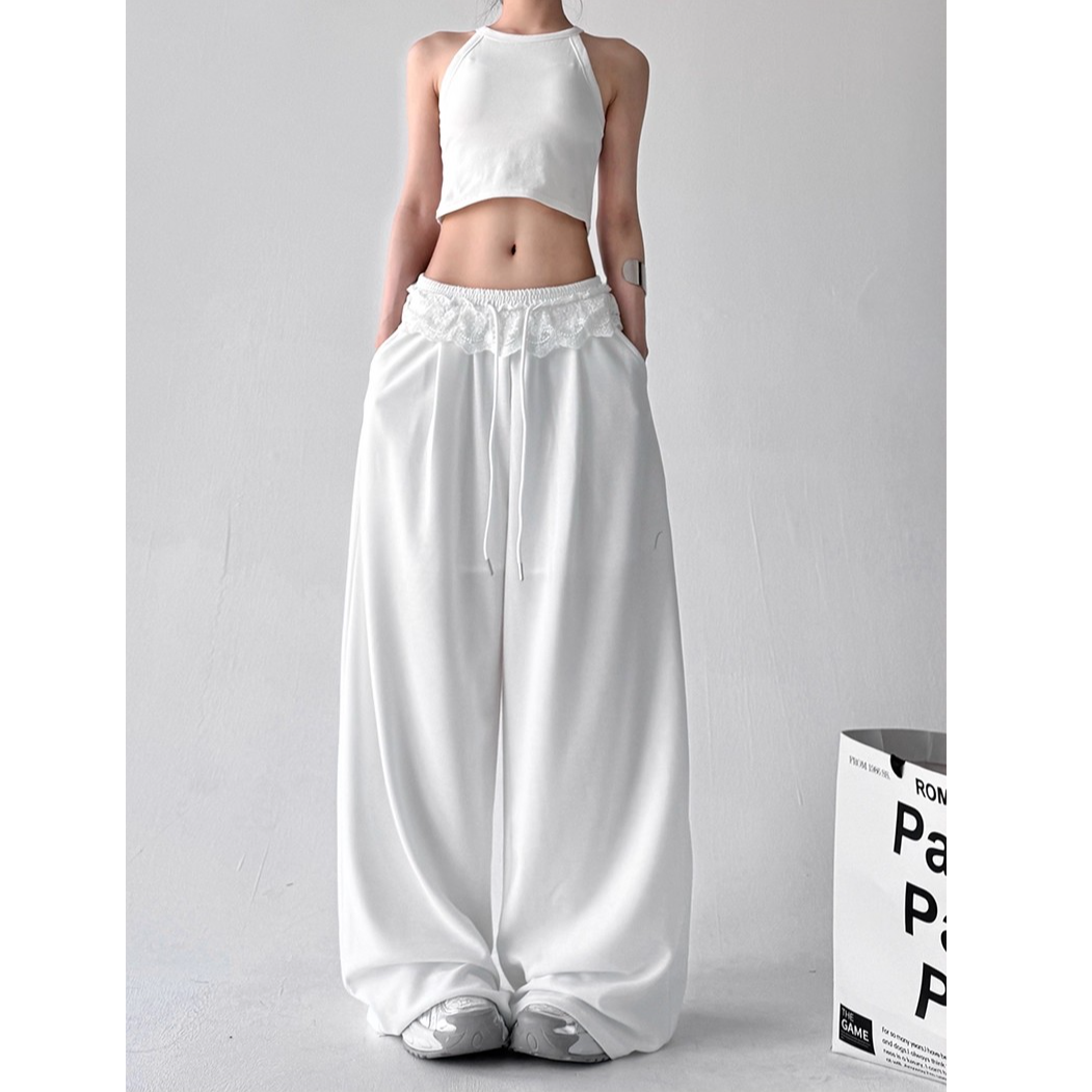 2025新款拼接蕾丝春秋夏款阔腿休闲卫裤女显瘦百搭爵士舞运动长裤