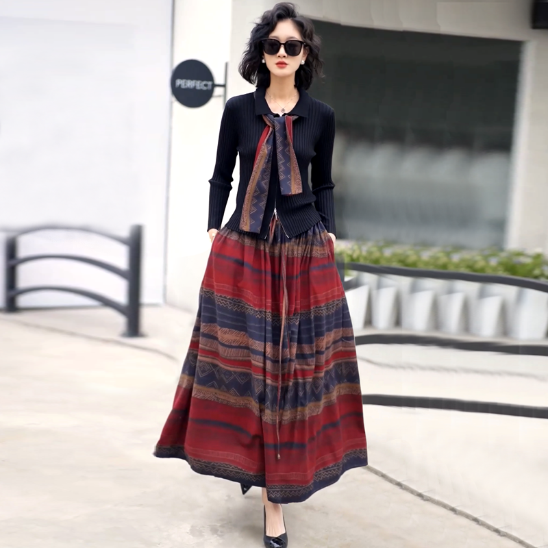 妈妈装民族风套装裙2025秋装新款修身针织上衣遮肚包臀裙套装秋装