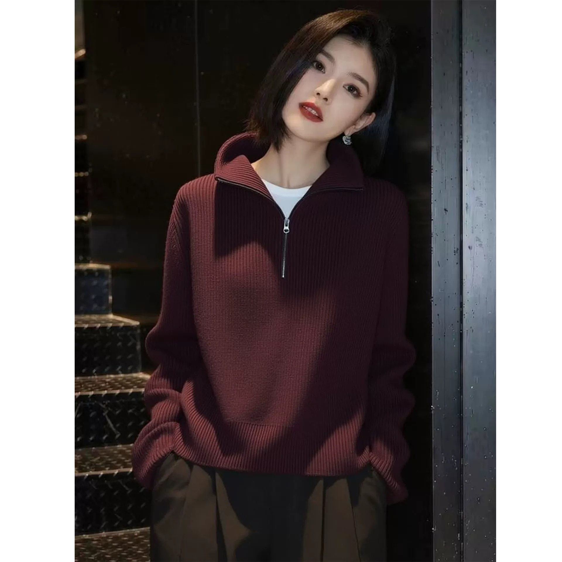 Z613半拉链连帽针织衫上衣女冬季新款宽松慵懒风红色百搭显瘦毛衣