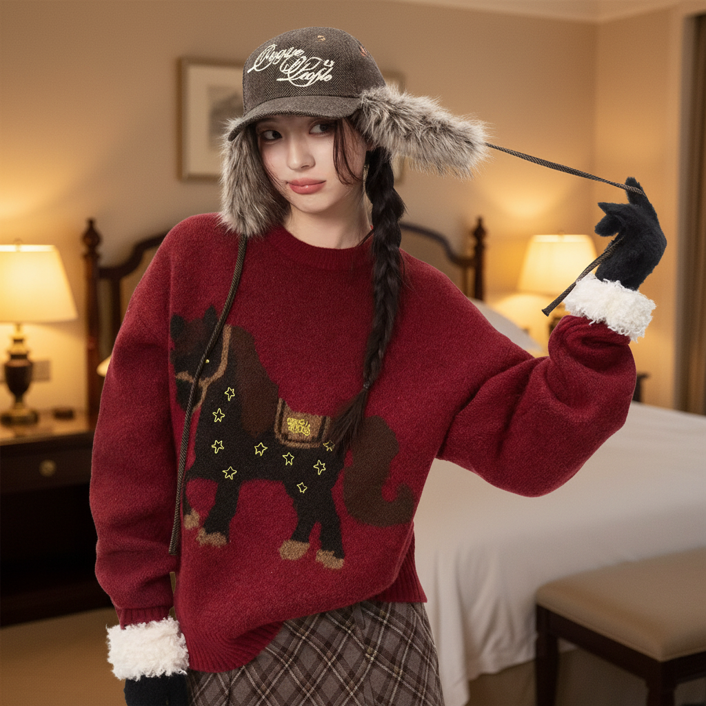 圣诞节穿搭新年费尔岛红色毛衣女秋冬新款韩系chic慵懒风针织上衣