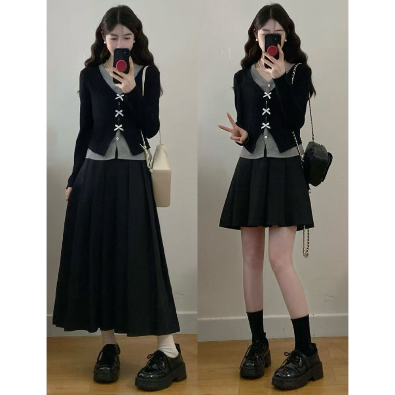 大码女装胖mm秋季新款假两件显瘦蝴蝶结上衣+百褶半身裙洋气套装