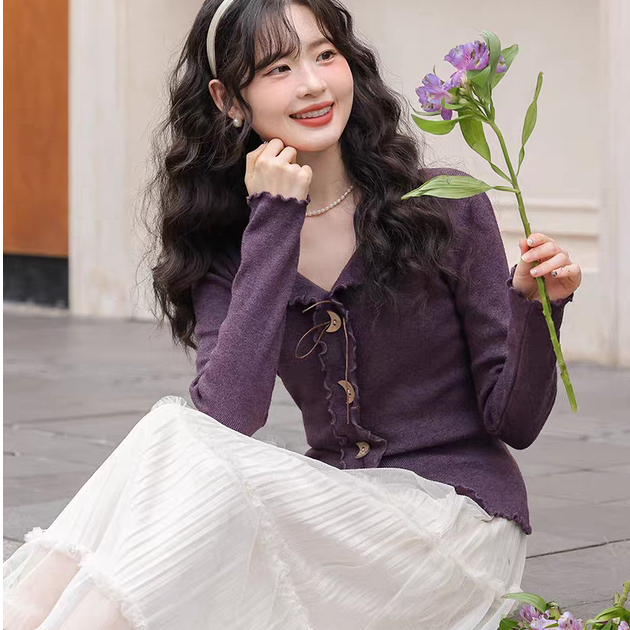 西米家【月牙湾】小个子法式气质木耳边长袖针织衫女开叉短上衣