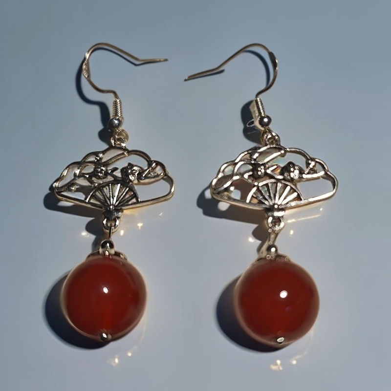 天然红玛瑙梅花扇子款耳饰时尚白搭显白古风新中式秋冬款耳坠