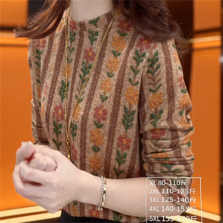 2025秋冬季新款时尚洋气减龄印花加绒保暖显瘦打底衫花朵印花打底