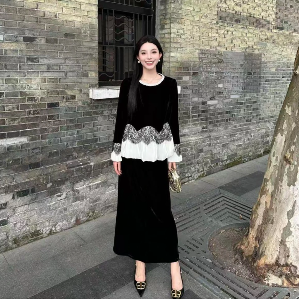 【现货旗舰版】猫七七2025秋新款洋气时尚百搭拼接蕾丝半身裙套装