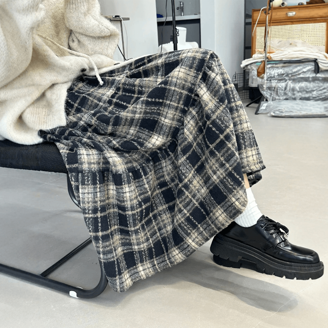 慵懒风毛呢格子裙梨型身材遮胯遮肚子半身裙秋冬大码宽松显瘦裙子