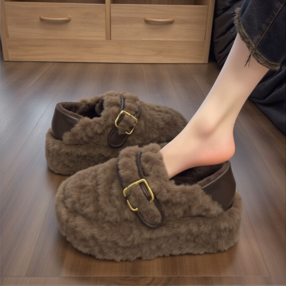 羊羔绒豹纹毛毛鞋女2025新款冬季皮带扣复古厚底加绒软底孕妇棉鞋