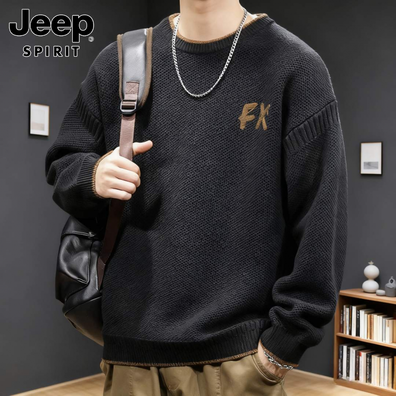 JEEPSPIRIT吉普毛衣秋季新款针织潮牌假两件宽松大码男士外套春款