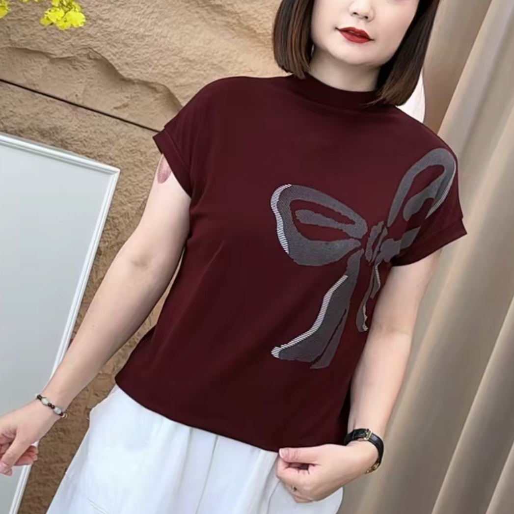 夏季新款时尚洋气半高领短袖T恤蝴蝶结减龄休闲百搭气质修身上衣