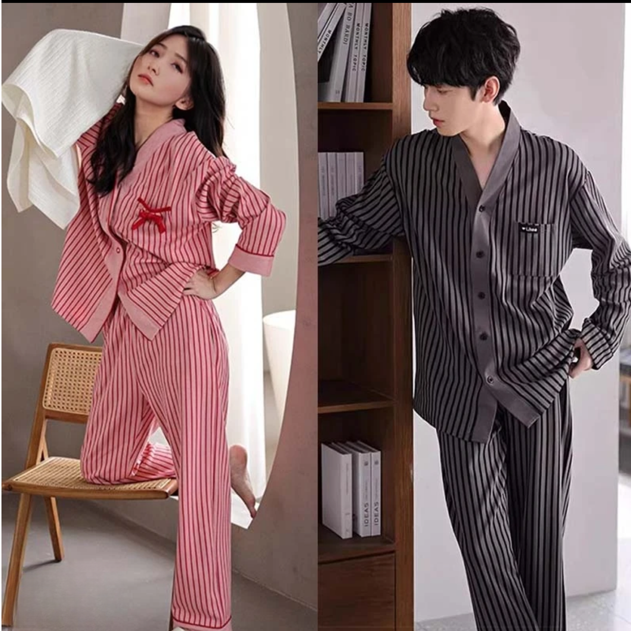 2025新款情侣条纹简约和服睡衣开衫宽松舒适时尚春秋季家居服套装