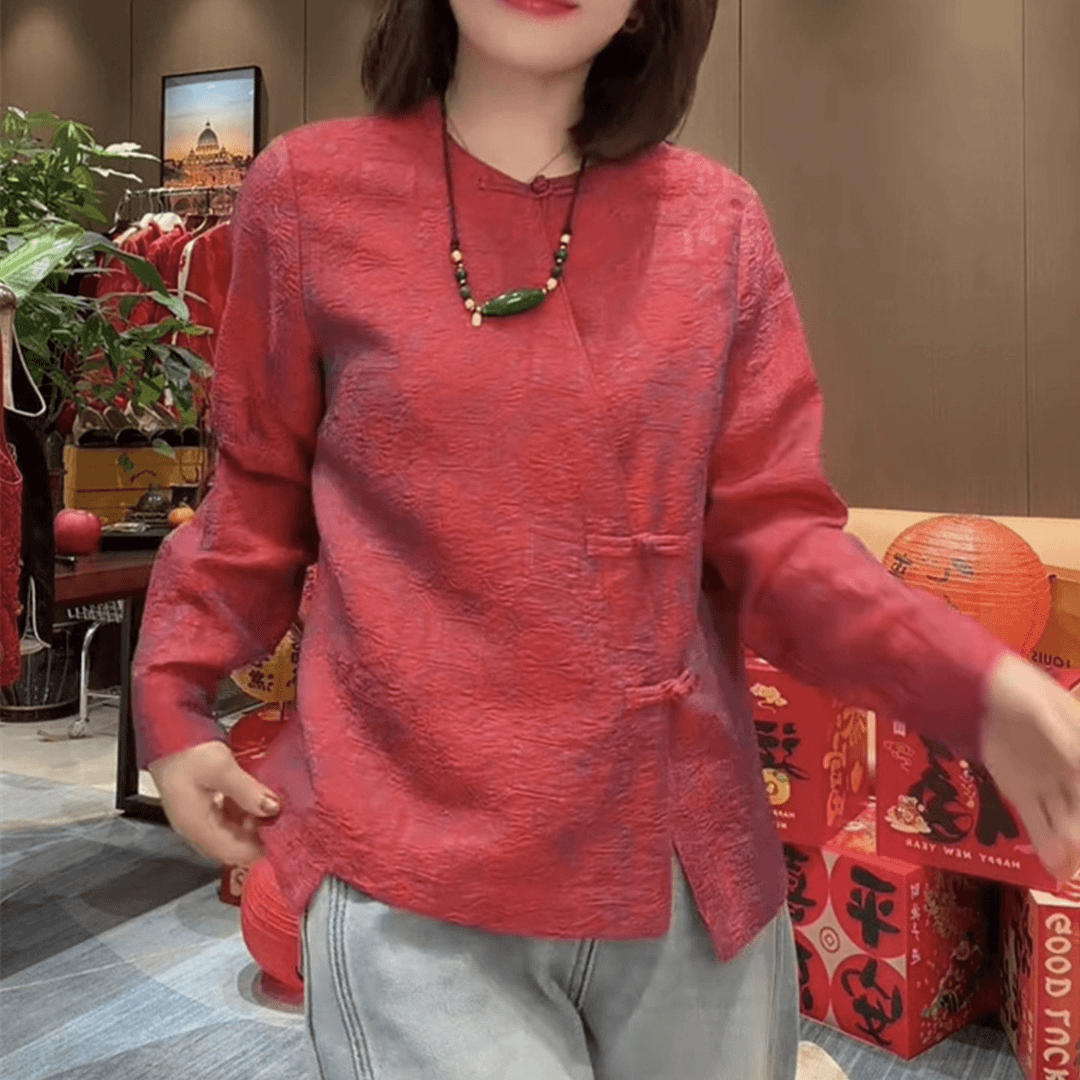 国风红色提花长袖衬衫女秋冬新款宽松复古新中式斜襟盘扣套头上衣