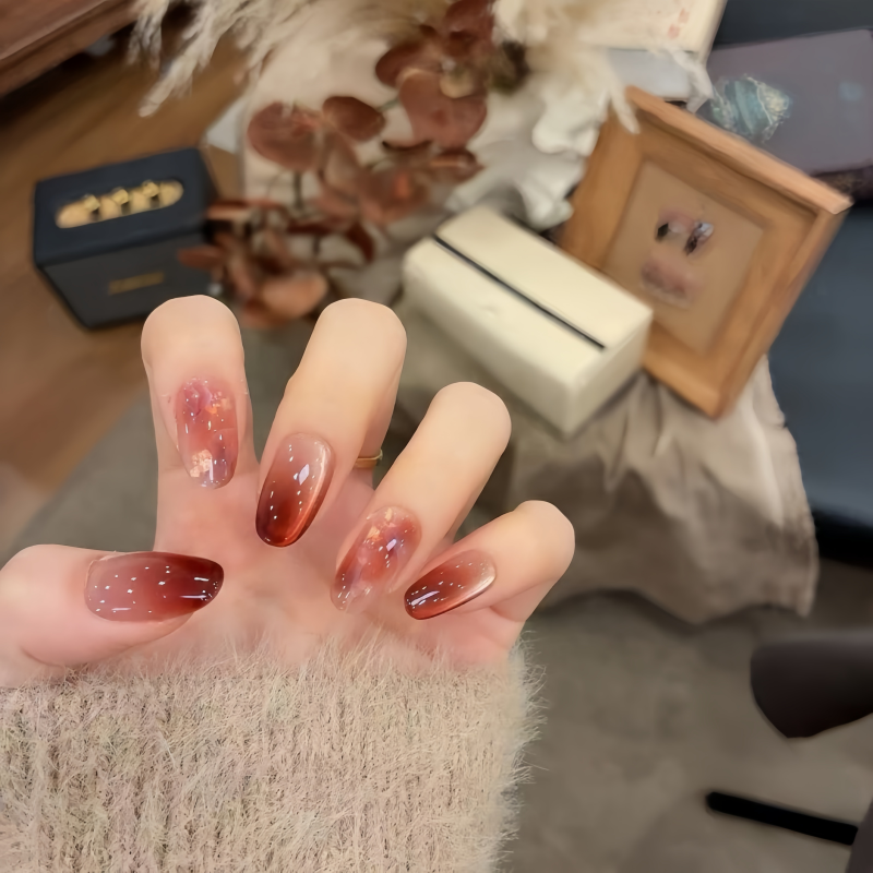 【熔金】手工穿戴甲重工显白石榴红渐变猫眼纯欲修饰手型穿戴式美甲