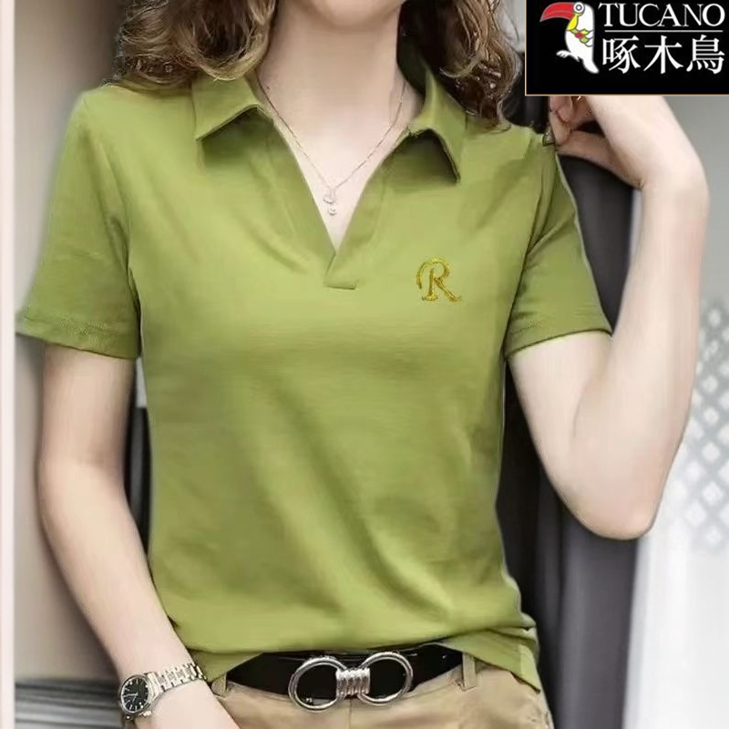 啄木鸟正品夏季翻领刺绣短袖T恤2025年新款女装减龄修身百搭上衣
