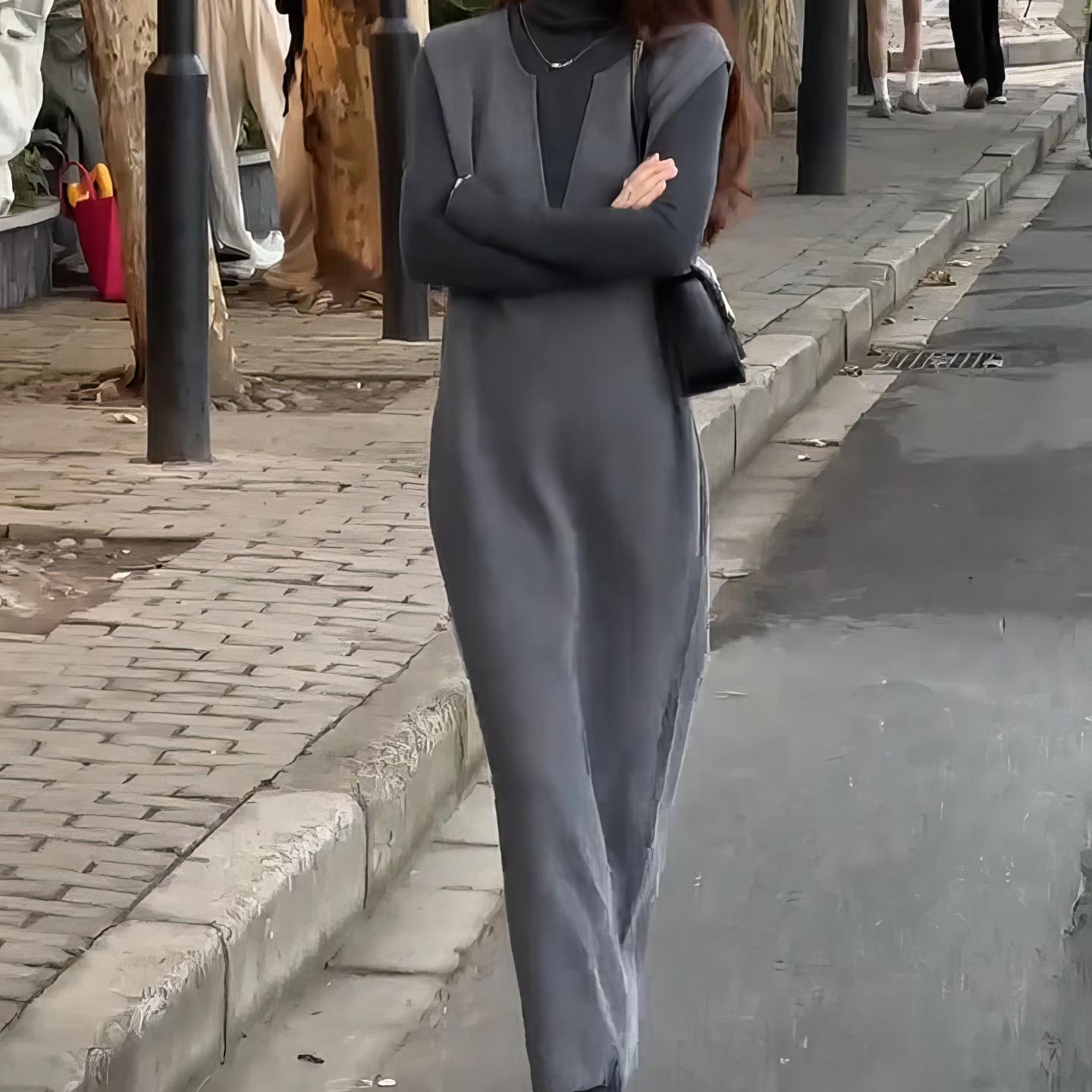 早秋气场强大女神范高级休闲感韩系小香风灰色背心连衣裙套装