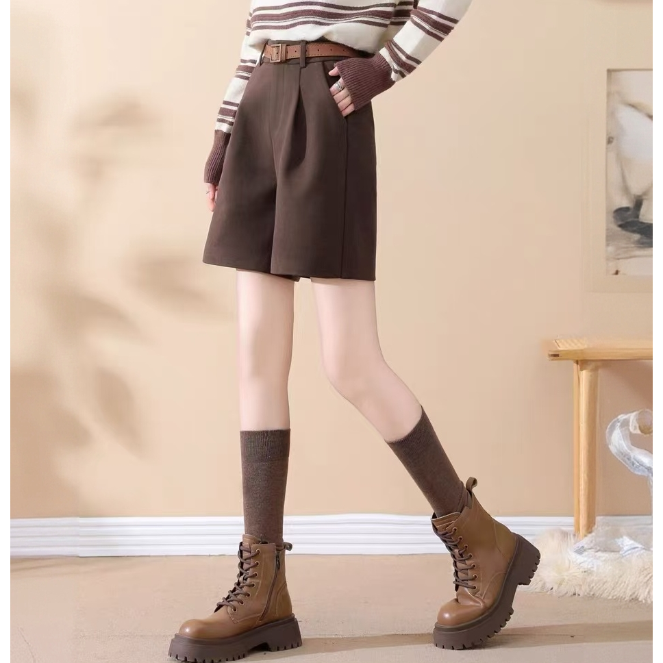 毛呢短裤女秋冬2025新款高腰a字阔腿外穿中裤美拉德咖色五分靴裤」