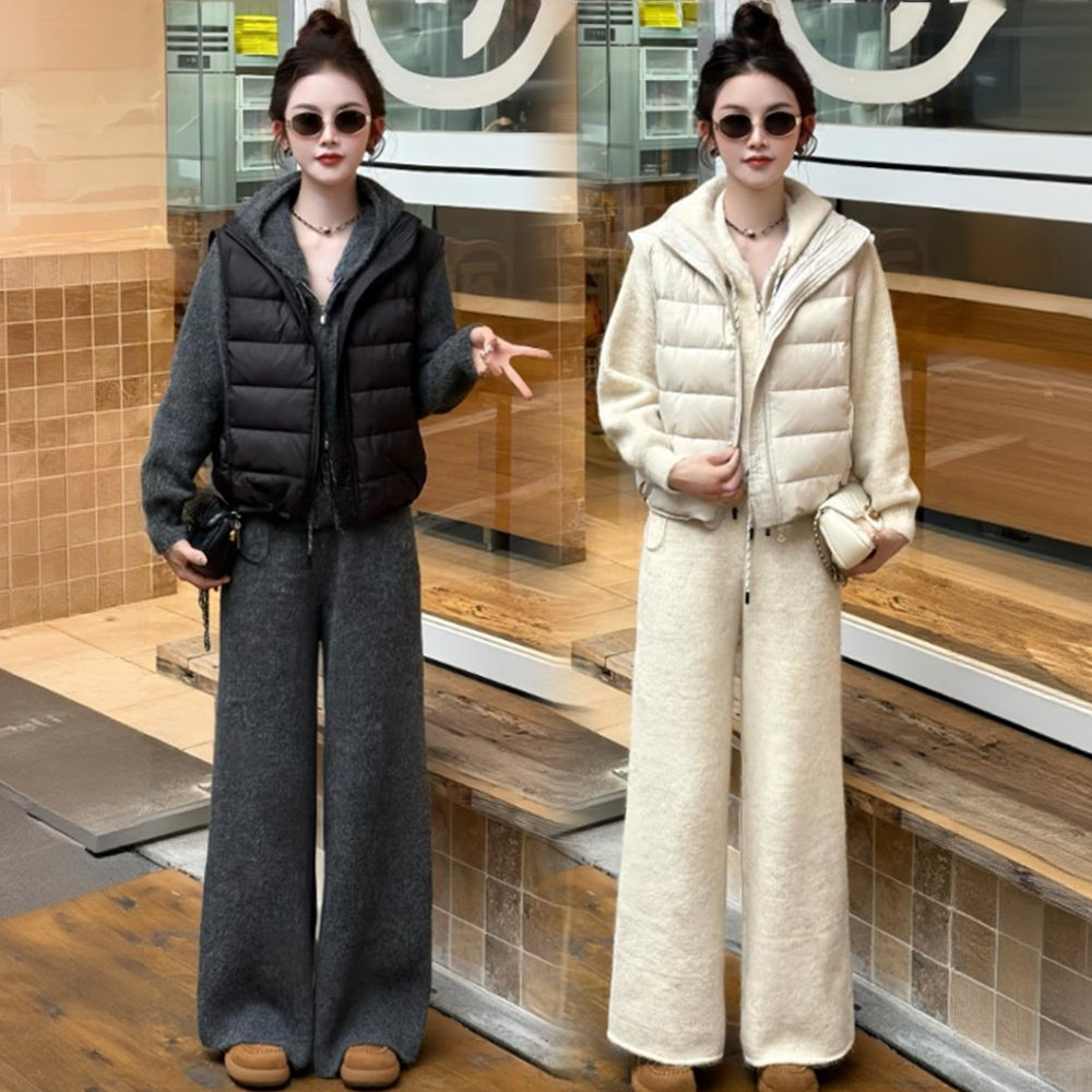 雅鹿时尚套装2025秋冬新款短款马甲连帽卫衣阔腿裤三件套