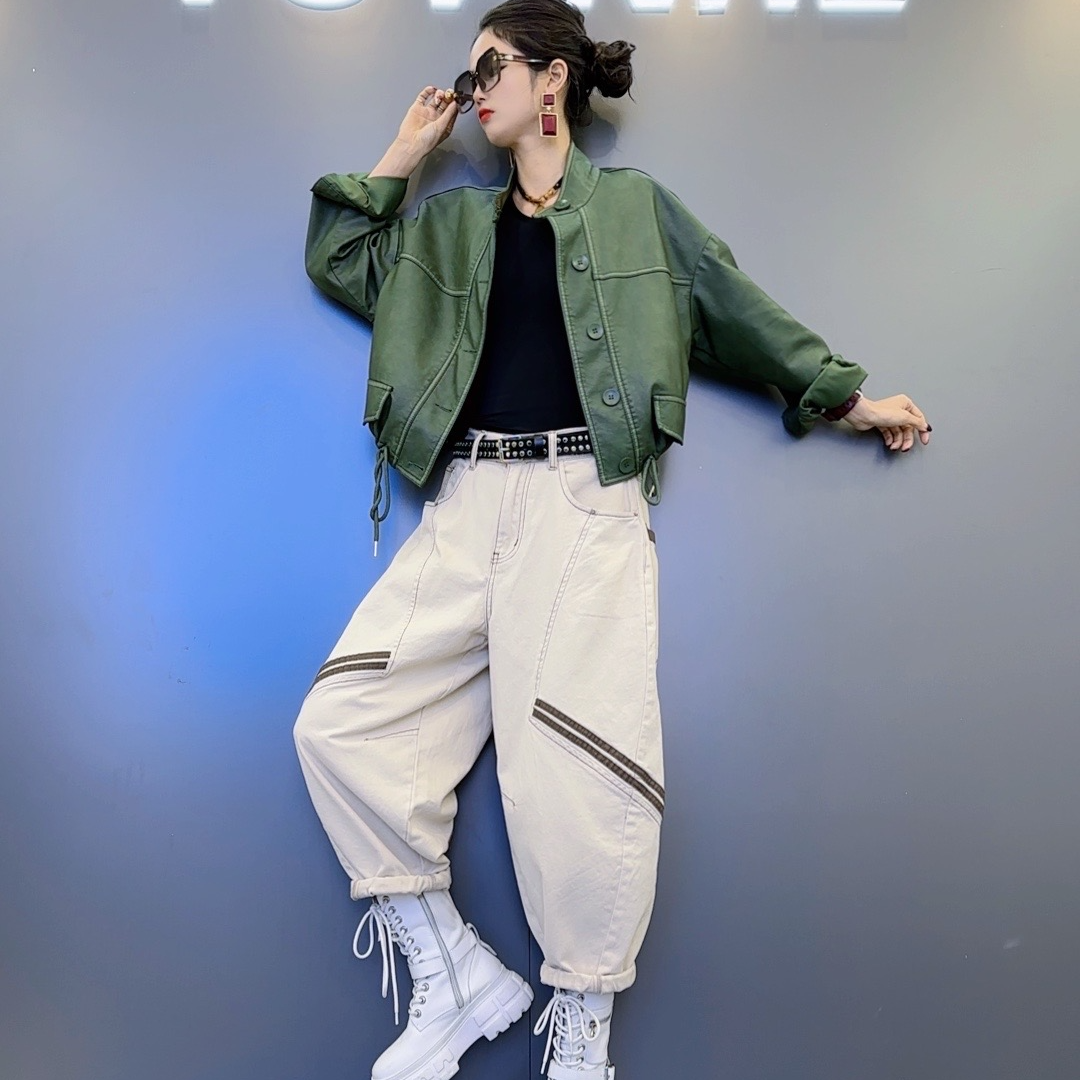 K-59春款系扣【黑咖绿】色皮衣-设计款定制斜边条牛仔裤
