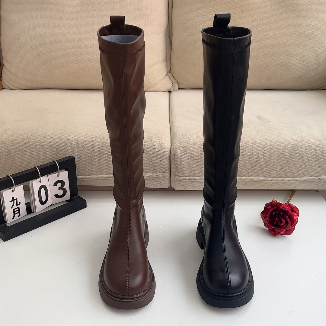 高个子美拉德系薄底长筒靴女平口瘦瘦靴显高显瘦骑士靴胖瘦两筒围
