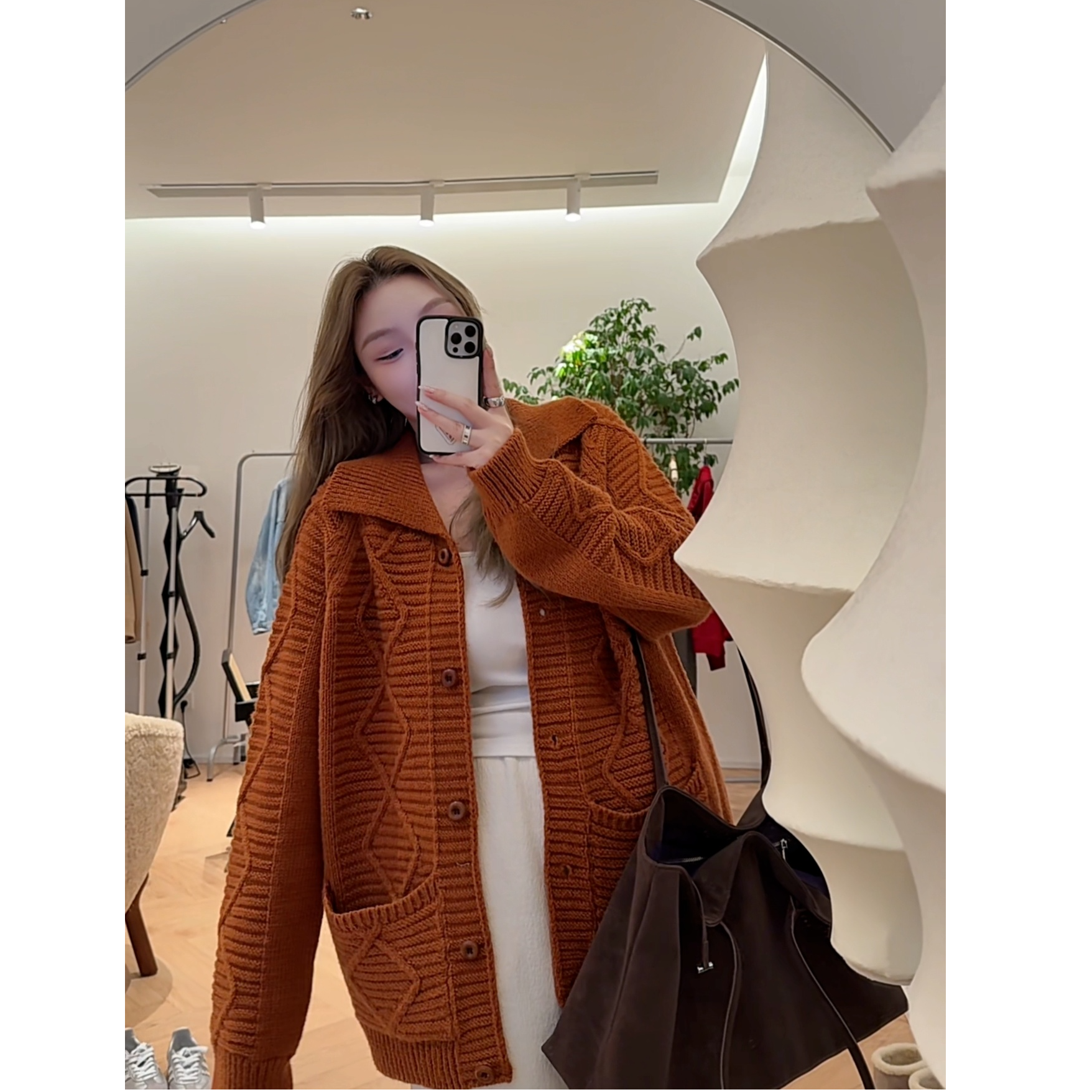 【瘦瘦】大码翻领全腈纶插肩袖套头氛围感百搭长袖开衫毛衣S02035