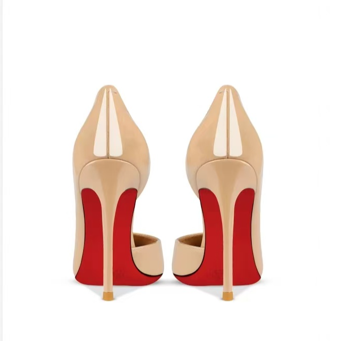 2025爆款裸色侧空高跟鞋女细跟尖头浅口漆皮性感气质法式红底单鞋