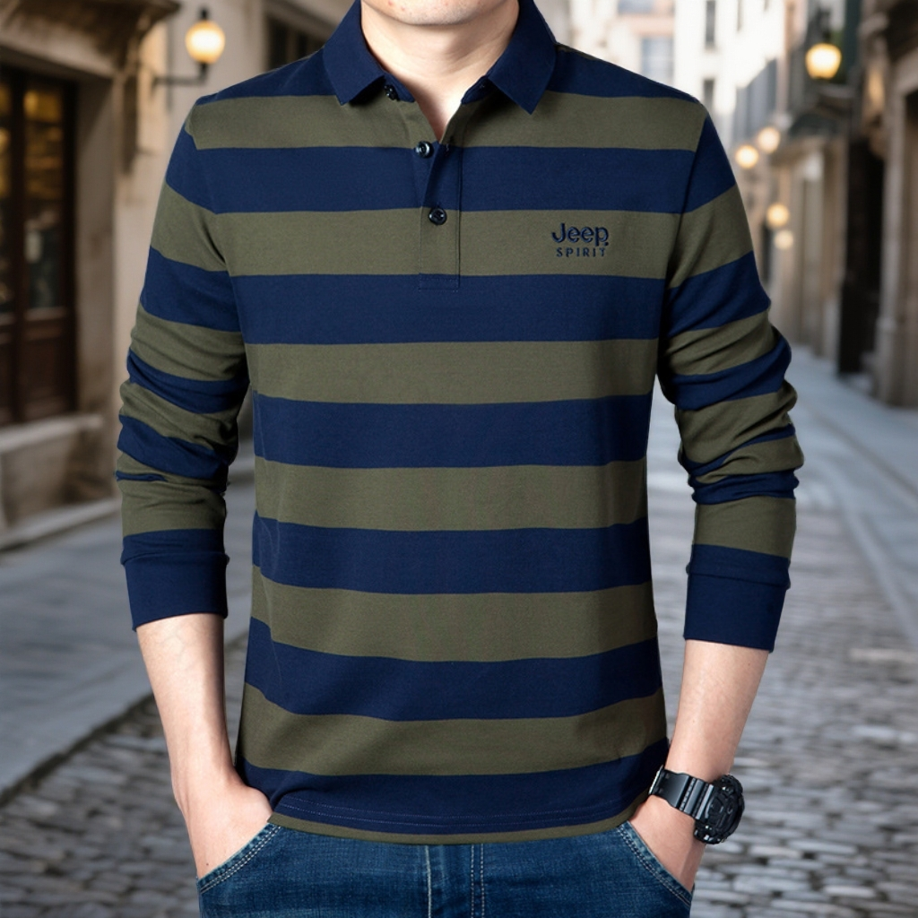 JEEP SPIRIT吉普春秋长袖polo衫男士纯棉商务休闲条纹大码翻领t恤