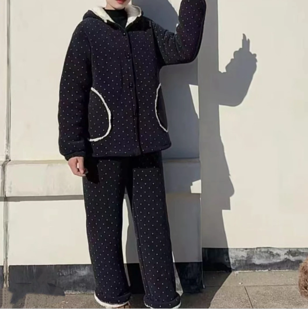 睡衣女士连帽保暖波点冬季三层加厚家居服套装11款