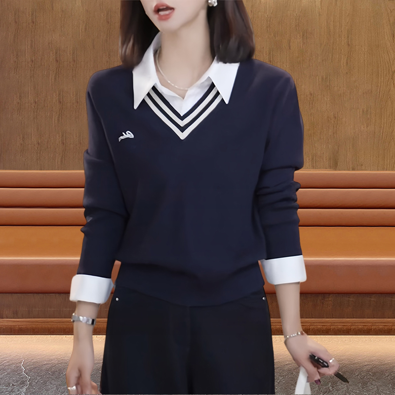2025年秋季新款韩系减龄上衣假两件拼接字母刺绣长袖简约针织衫女