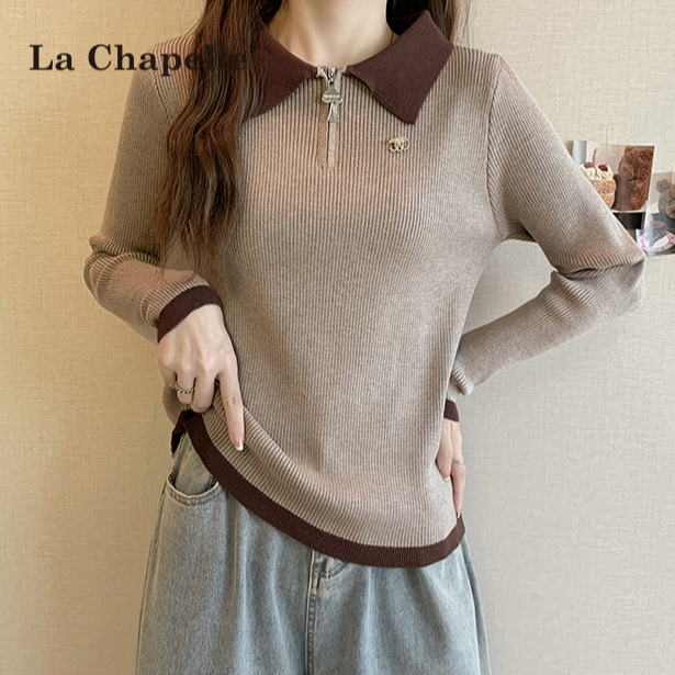 拉夏贝尔撞色polo领长袖针织衫女秋冬款正肩上衣气质修身显瘦毛衣