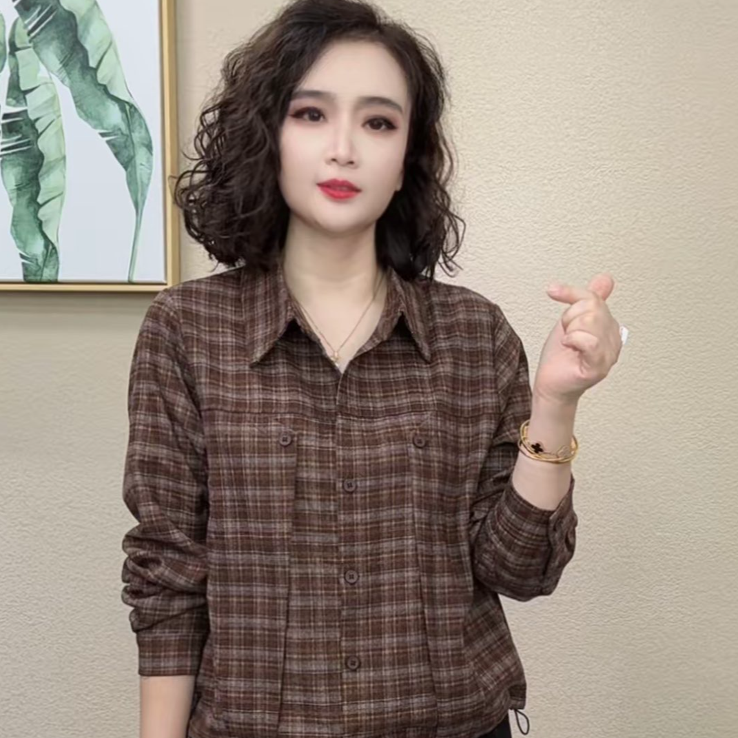 2025秋季新款气质时尚格子翻领长袖洋气显瘦百搭女士衬衫#41567