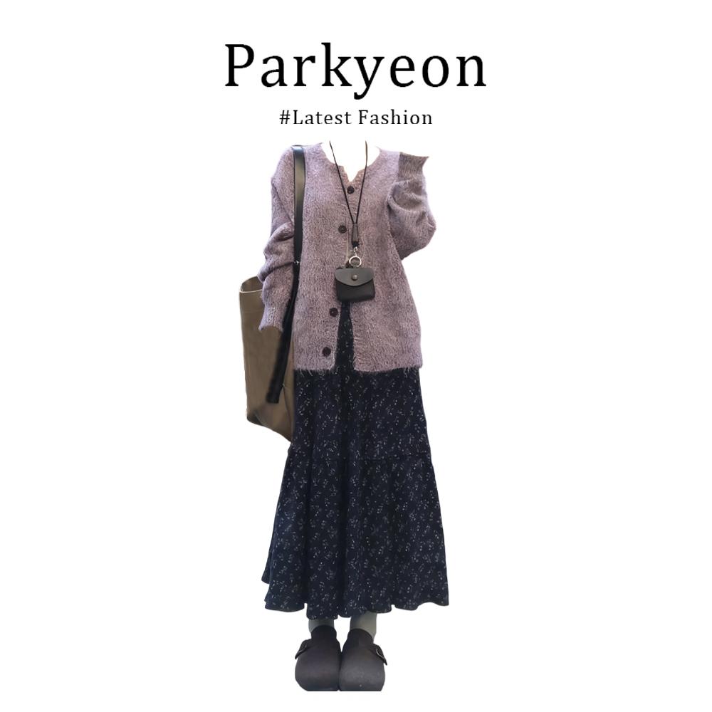parkyeon韩版秋冬时尚洋气时髦针织毛衣开衫穿搭碎花半身裙子套装