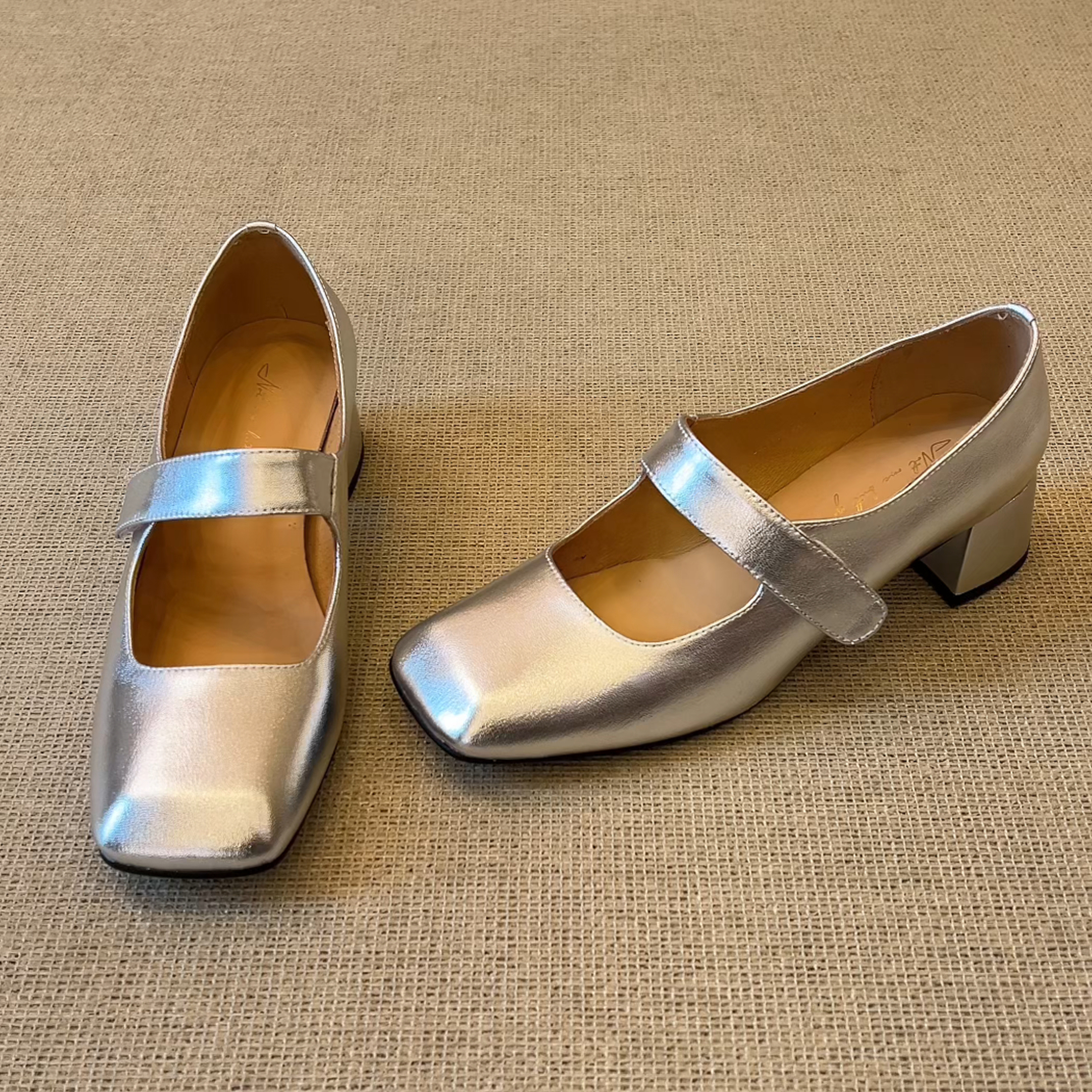 RubyL/4cm时尚极简风少女感魔术贴百搭方头浅口粗跟玛丽珍鞋女款