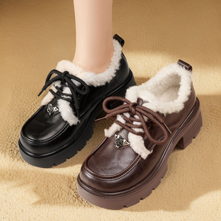 头层牛皮真皮厚底乐福鞋2025新款女鞋秋冬加绒保暖棉鞋轻便小皮鞋