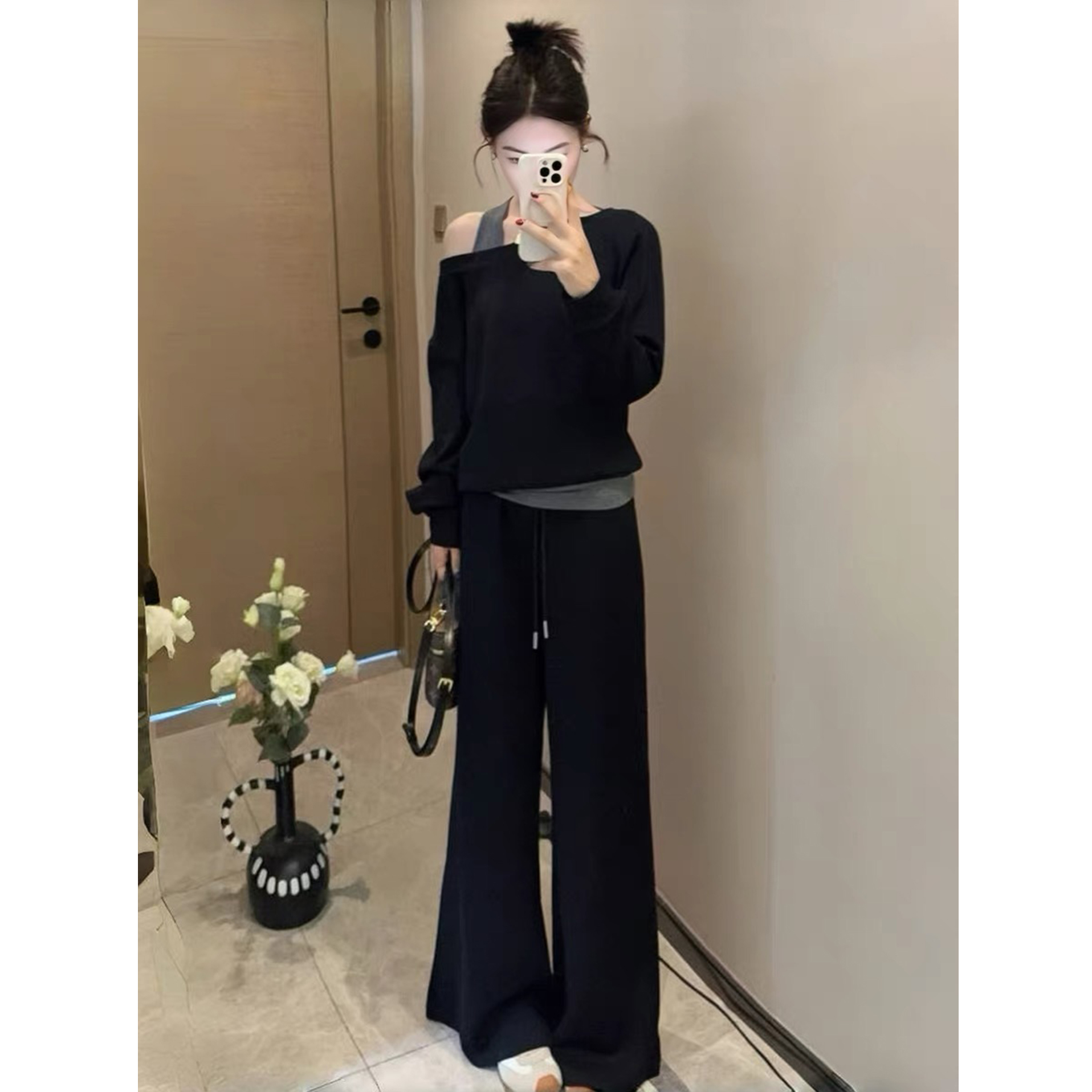 时尚休闲套装女2025秋季新款宽松显瘦洋气假两件卫衣阔腿裤两件套